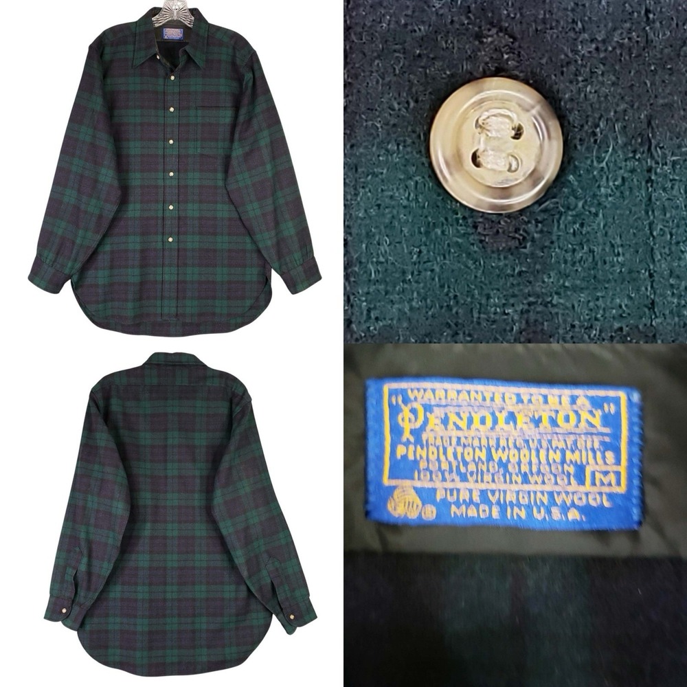 Pendleton Board Shirt Button Up Green Tartan Plaid Mens Size Medium M Wool LS